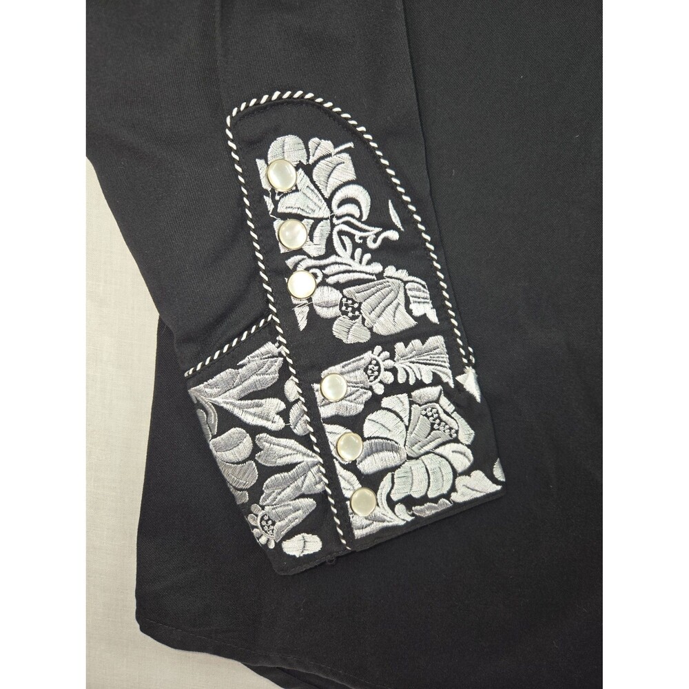Scully Gunfighter Black White Embroidered Men's Medium Pearl Snap Western Shirt - Picture 4 of 10